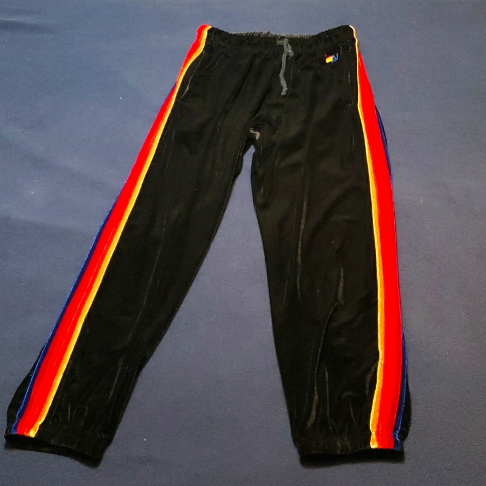 Mens Aviator Nation 5 Stripe Sweatpants Black Velour